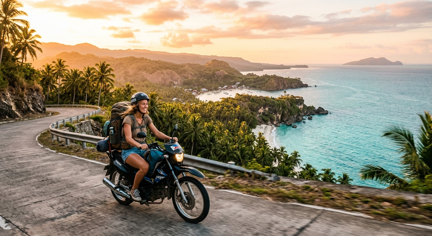 Backpacker on a motorbike along the coastal road in Siquijor Philippines