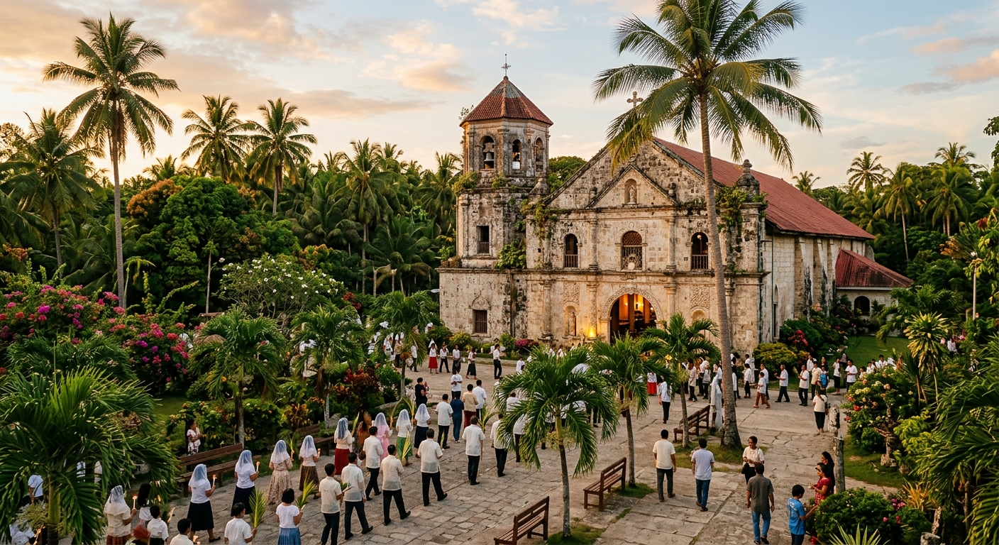 Historic church in Siquijor Island during Holy Week with tropical surroundings