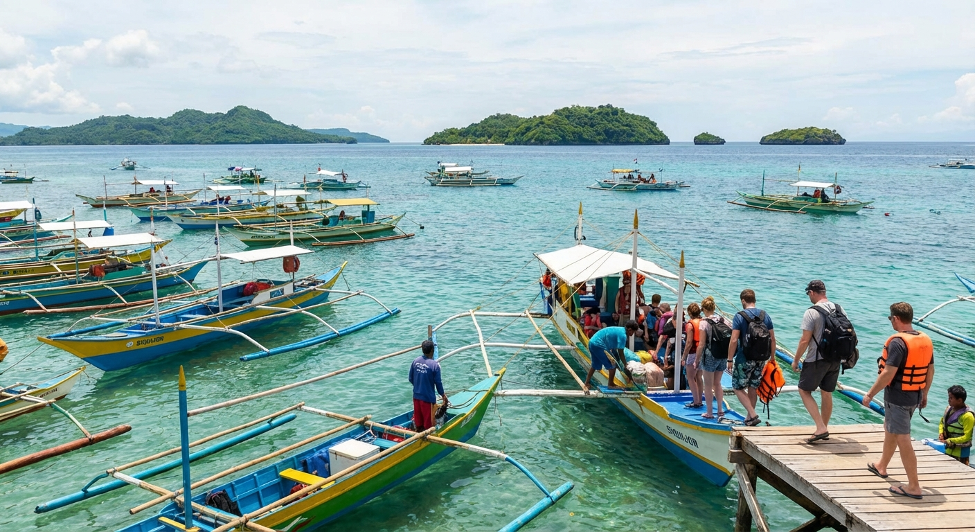 Boats docked at Siquijor port preparing for island hopping adventures to nearby islands