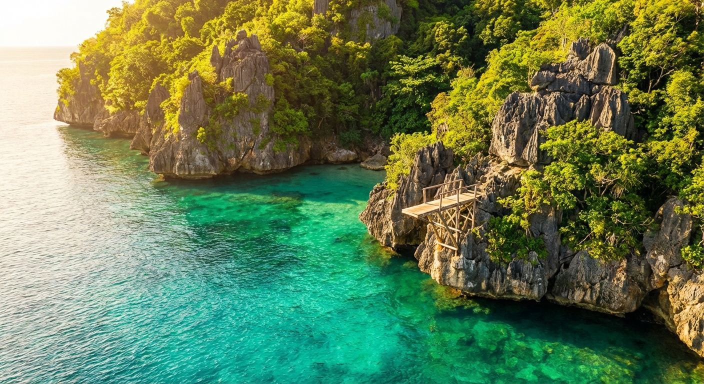 Salagdoong Beach in Maria Siquijor with turquoise waters and cliff jumping platforms surrounded by lush vegetation