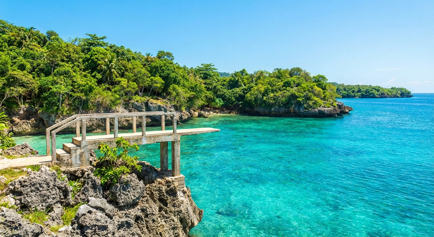 Turquoise waters and cliff formations at Salagdoong Beach, Maria, Siquijor