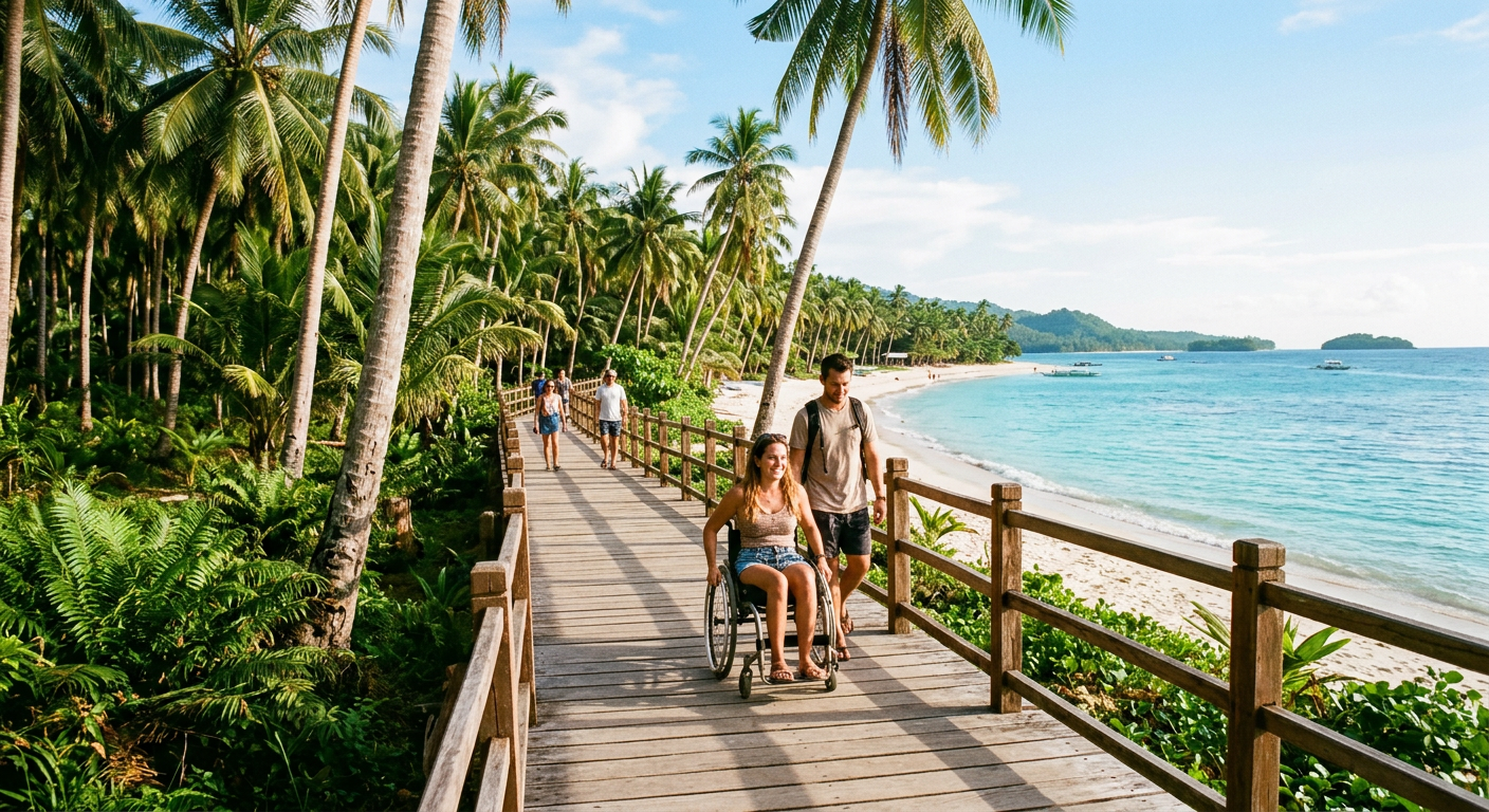 Accessible wooden boardwalk path leading to a calm beach on Siquijor Island