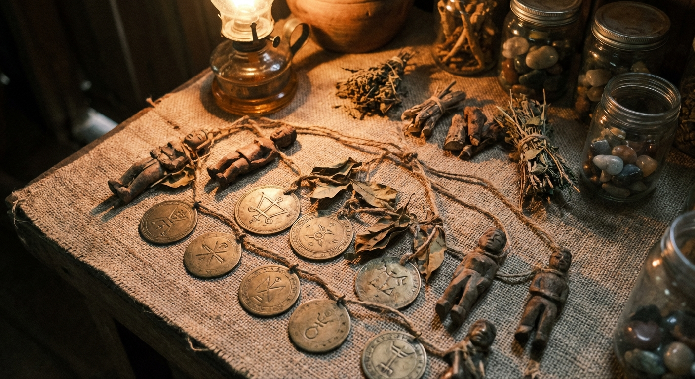 Traditional handcrafted amulets and talismans displayed on woven fabric in Siquijor Island