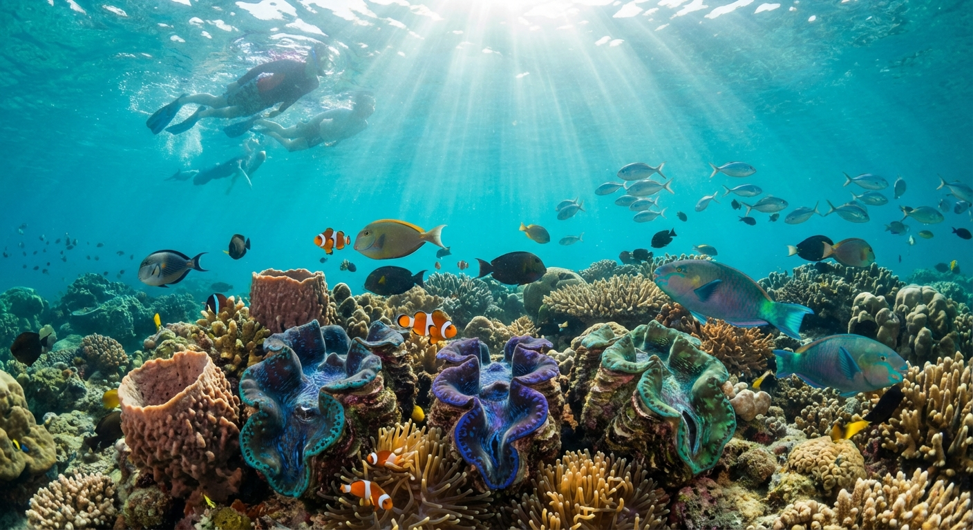 Crystal clear turquoise waters above vibrant coral reef in Siquijor marine sanctuary during April dry season