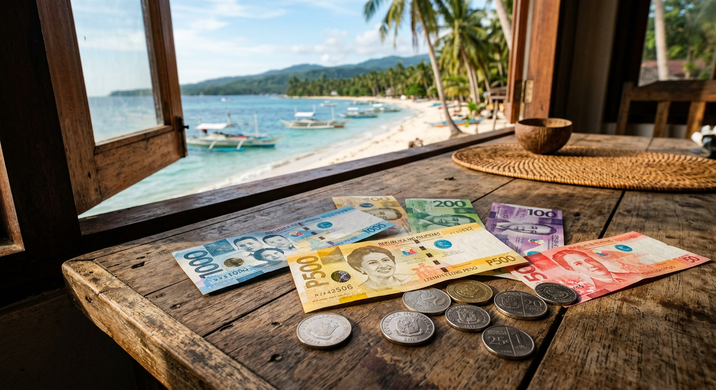 Philippine peso bills and coins with Siquijor Island beach in the background