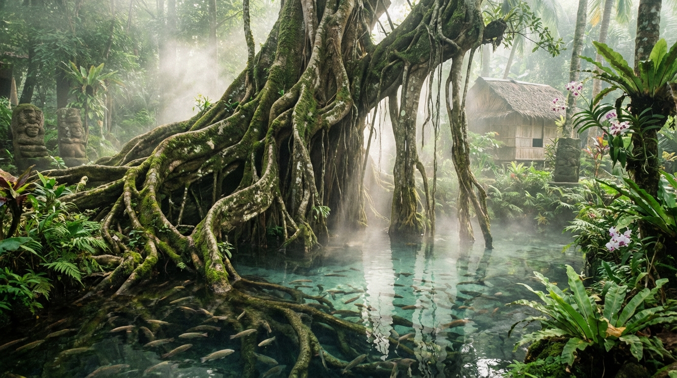 Ancient balete tree with massive prop roots growing over a fish pond in Siquijor Philippines
