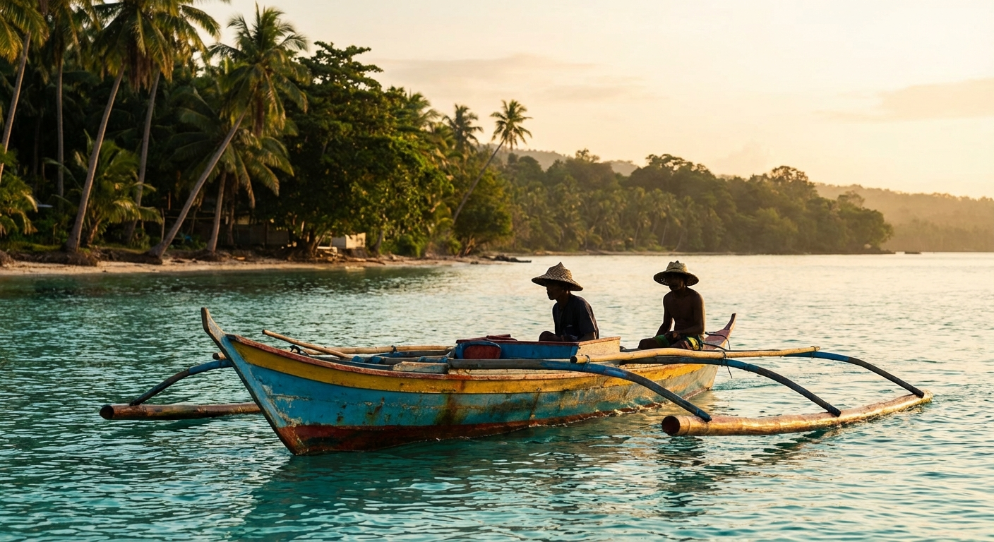 Traditional Filipino outrigger bangka boat on turquoise waters near Siquijor Island