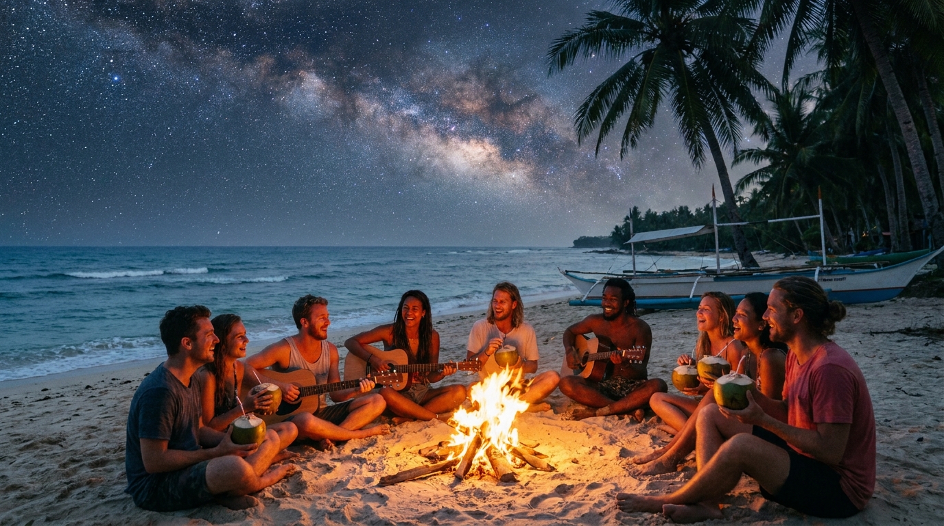 Beach bonfire with friends at dusk in Siquijor, Philippines