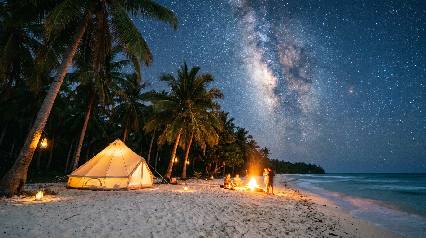 Beach camping scene at night in Siquijor with tent and starry sky