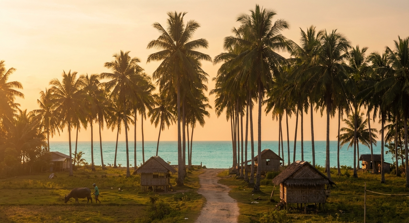 Coconut palms lining the coast of Siquijor Island at golden hour