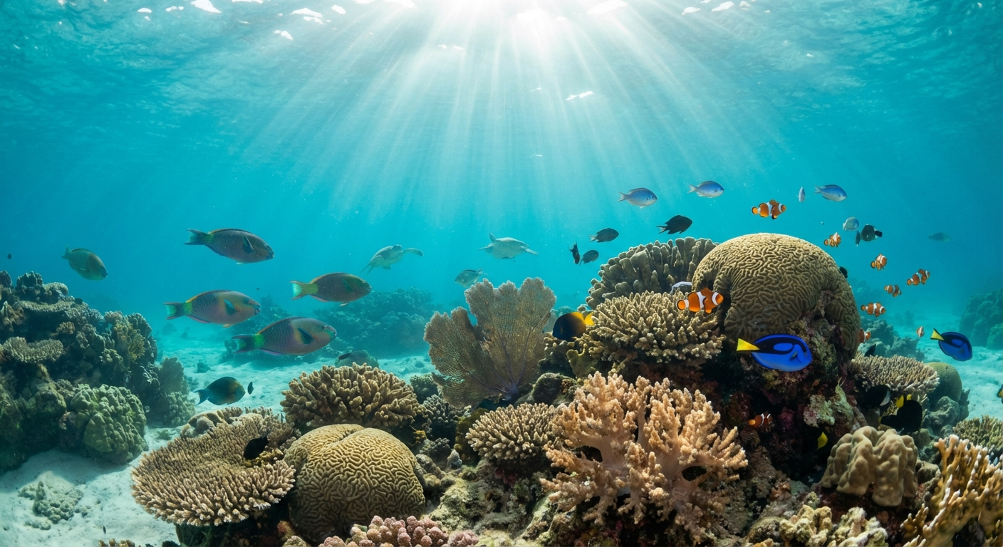 Vibrant coral reef with tropical fish in crystal clear water Siquijor Island Philippines