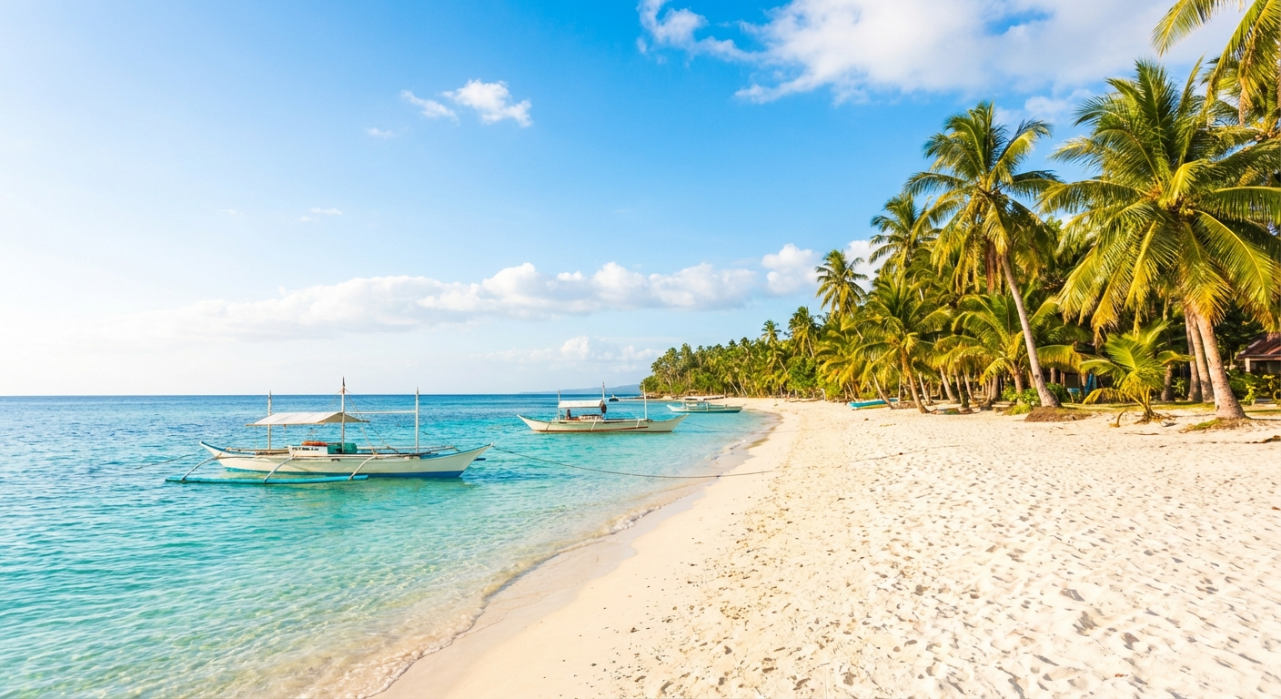 Crystal clear waters and white sand beach in Siquijor during dry season with bright blue skies