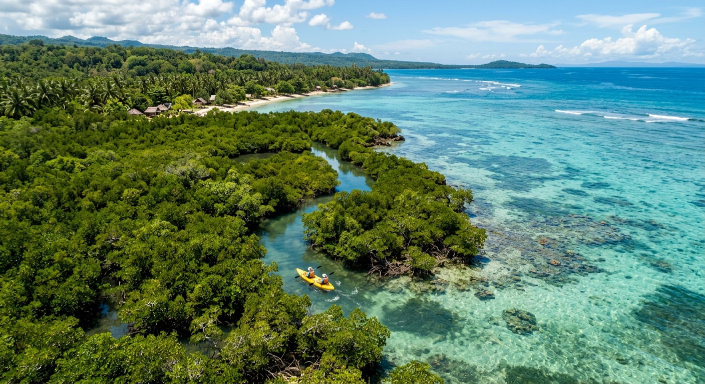 Lush green mangrove forest along the coast of Siquijor Island with crystal clear water