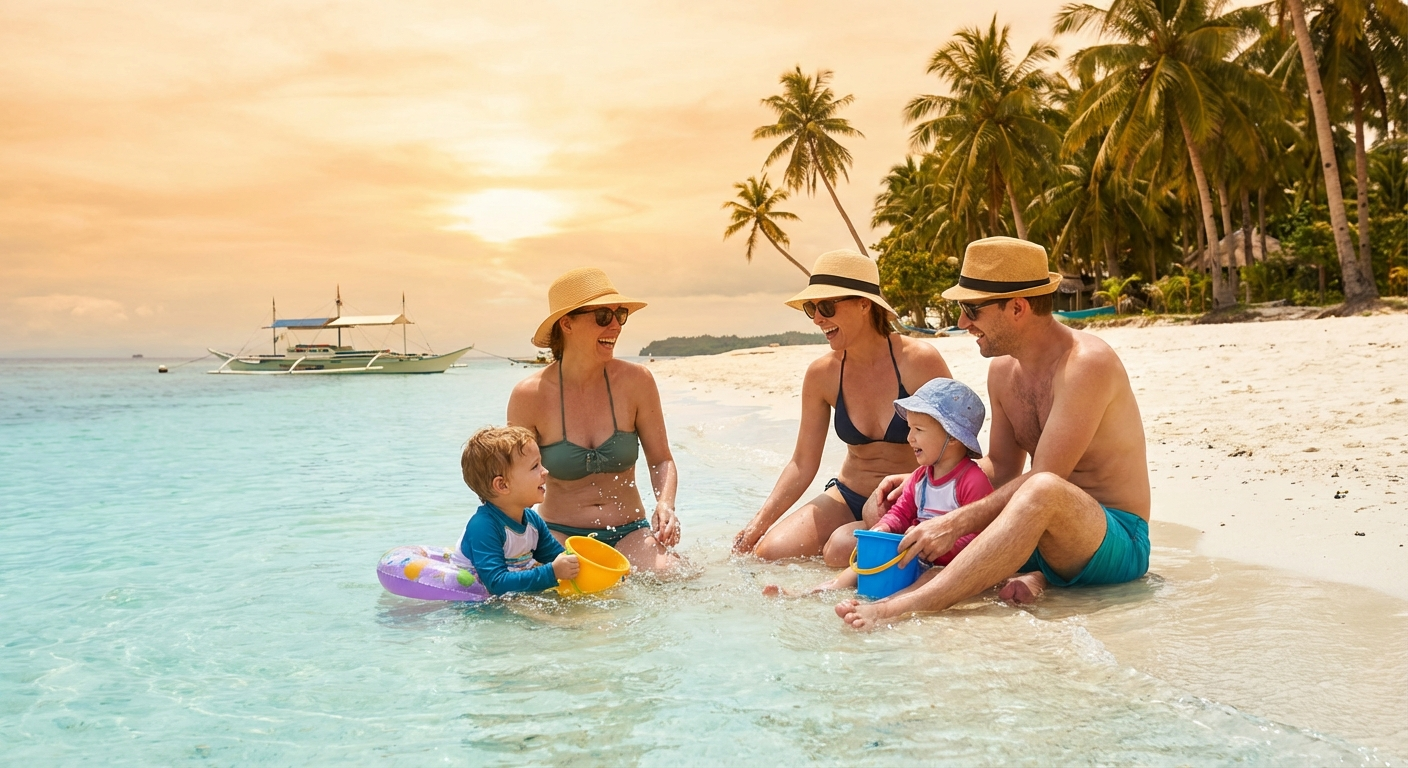 Family enjoying a shallow turquoise beach in Siquijor with kids playing in the water