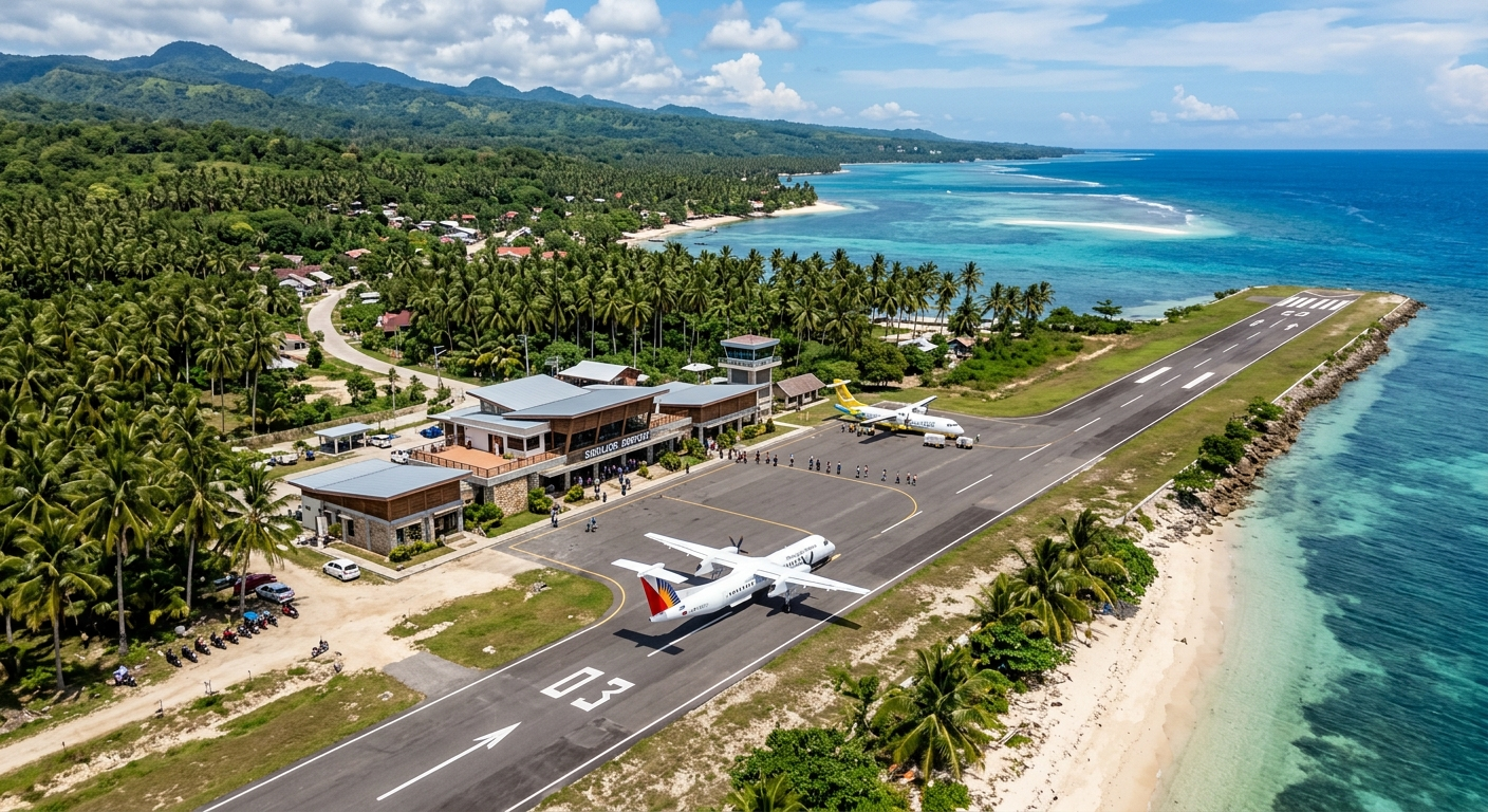 Aircraft at Siquijor Airport with tropical island scenery