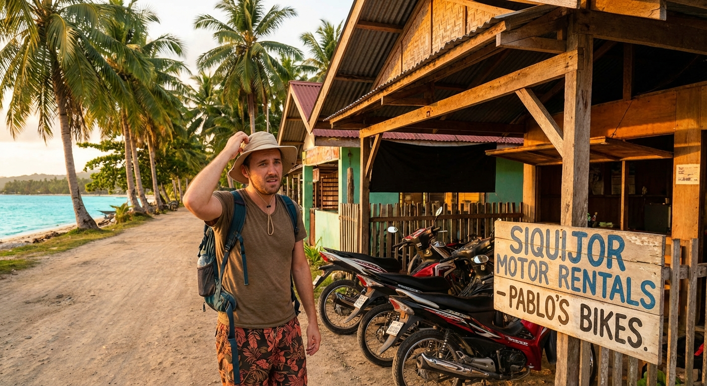 Tropical island scene in Siquijor Philippines with motorcycle on a coastal road