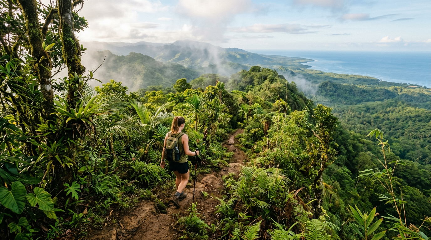 Lush green hiking trail through the interior highlands of Siquijor Island with panoramic views through tropical forest canopy