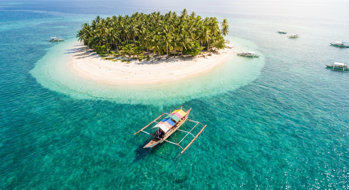 Traditional Filipino outrigger boat anchored near a small tropical island with turquoise water near Siquijor