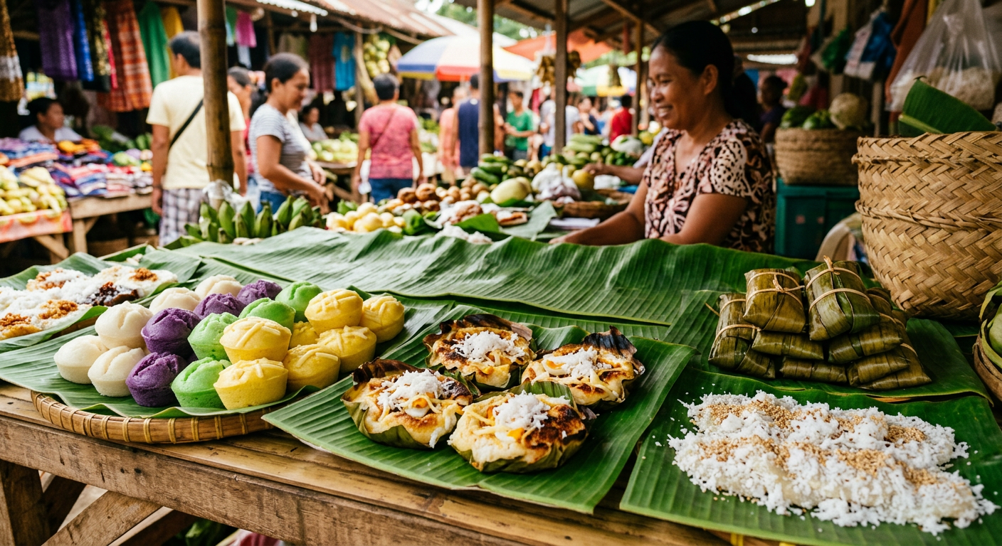 Traditional Filipino kakanin rice cakes displayed on banana leaves at a Siquijor market
