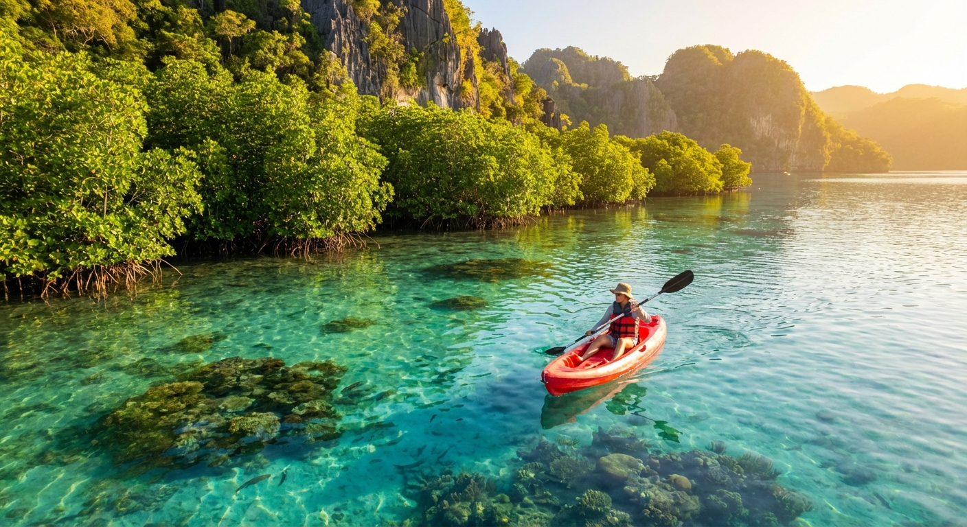 Kayaker paddling through turquoise coastal waters along a mangrove-lined shore in Siquijor Island Philippines