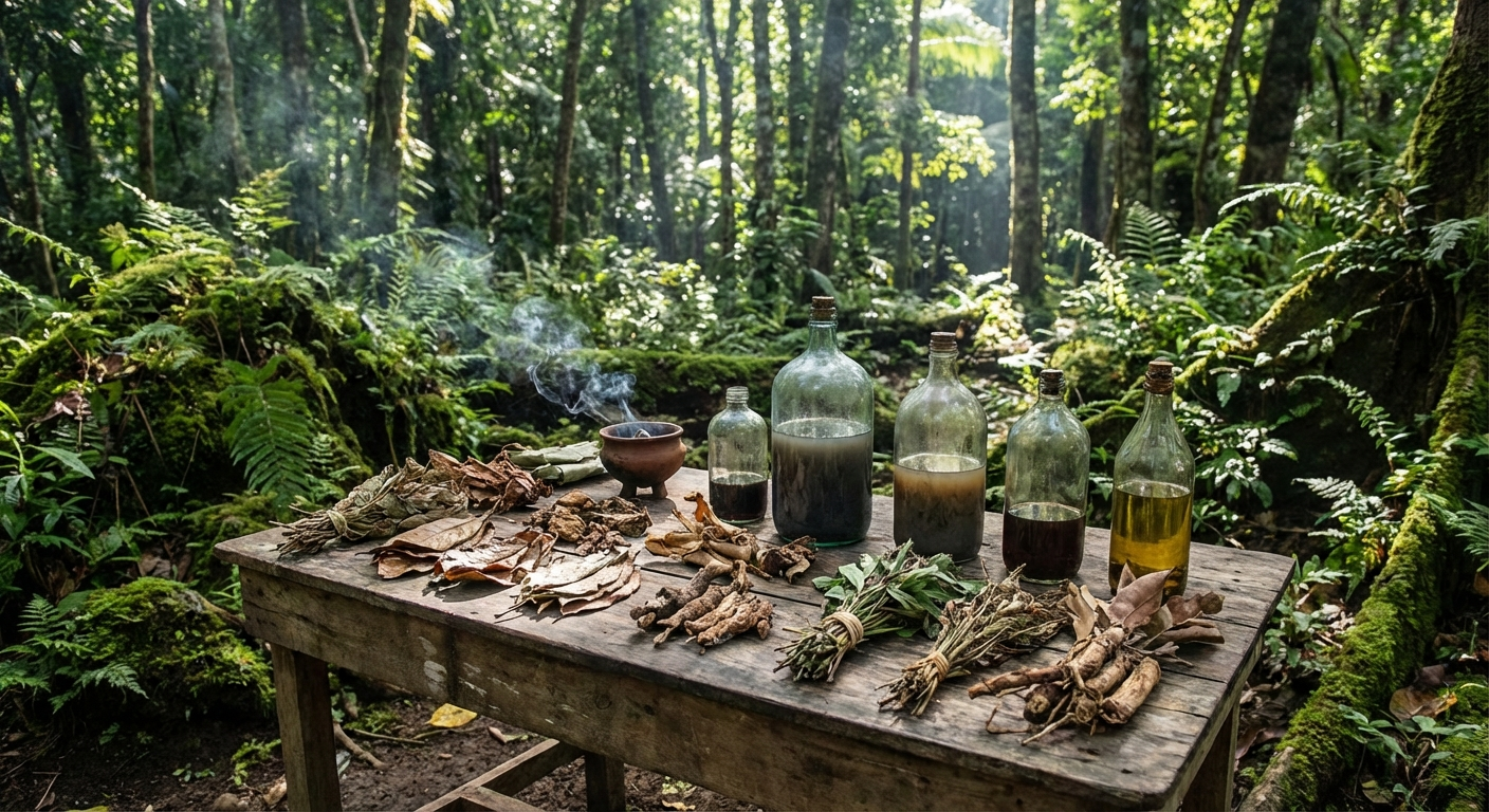 Traditional herbs and bottles used in Siquijor love potion preparation with tropical forest background