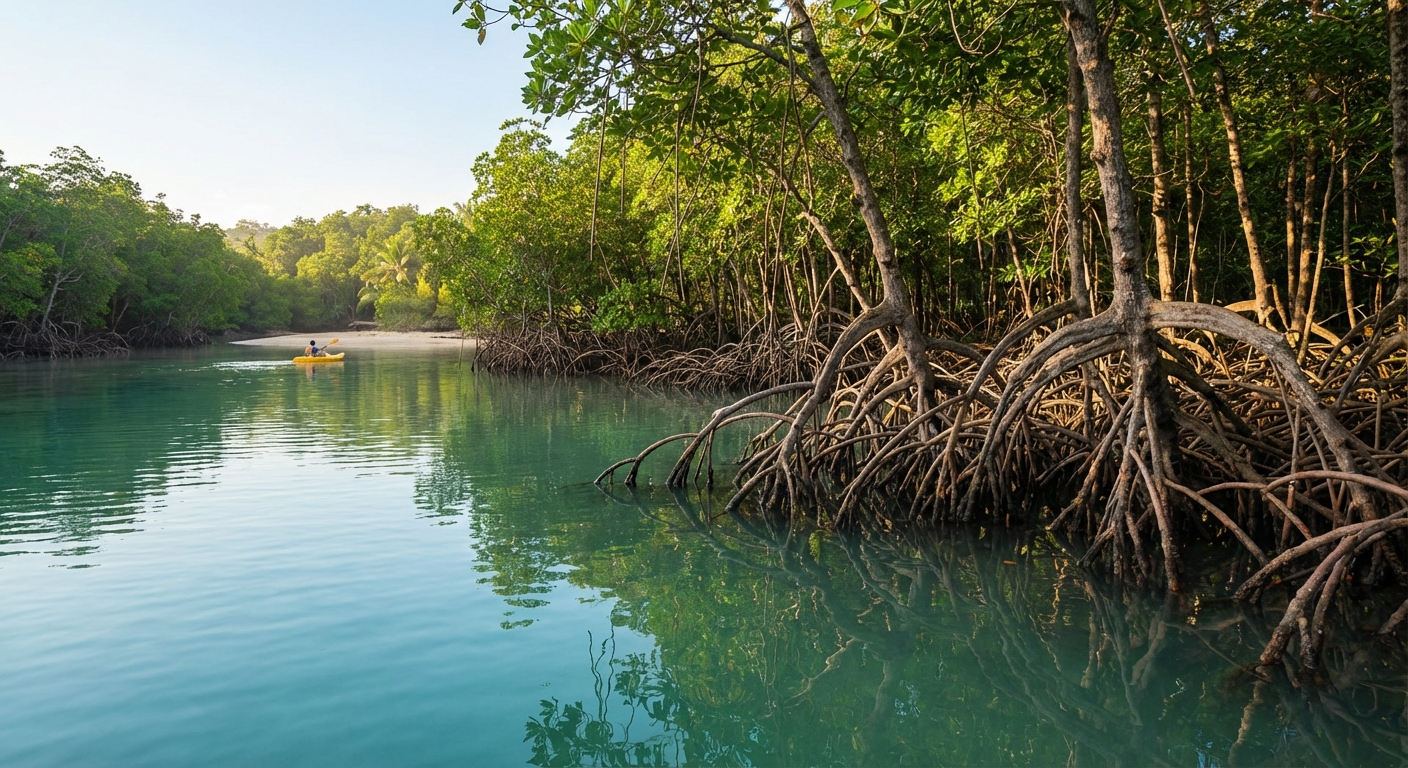 Lush green mangrove forest along a calm river in Siquijor Island Philippines