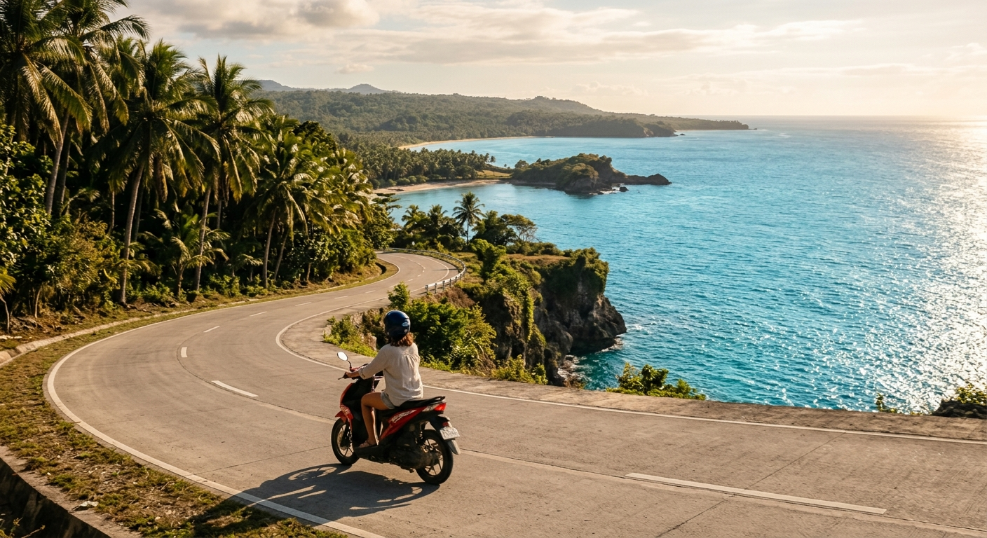 Scooter rider along Siquijor coastal road with turquoise ocean and coconut palms