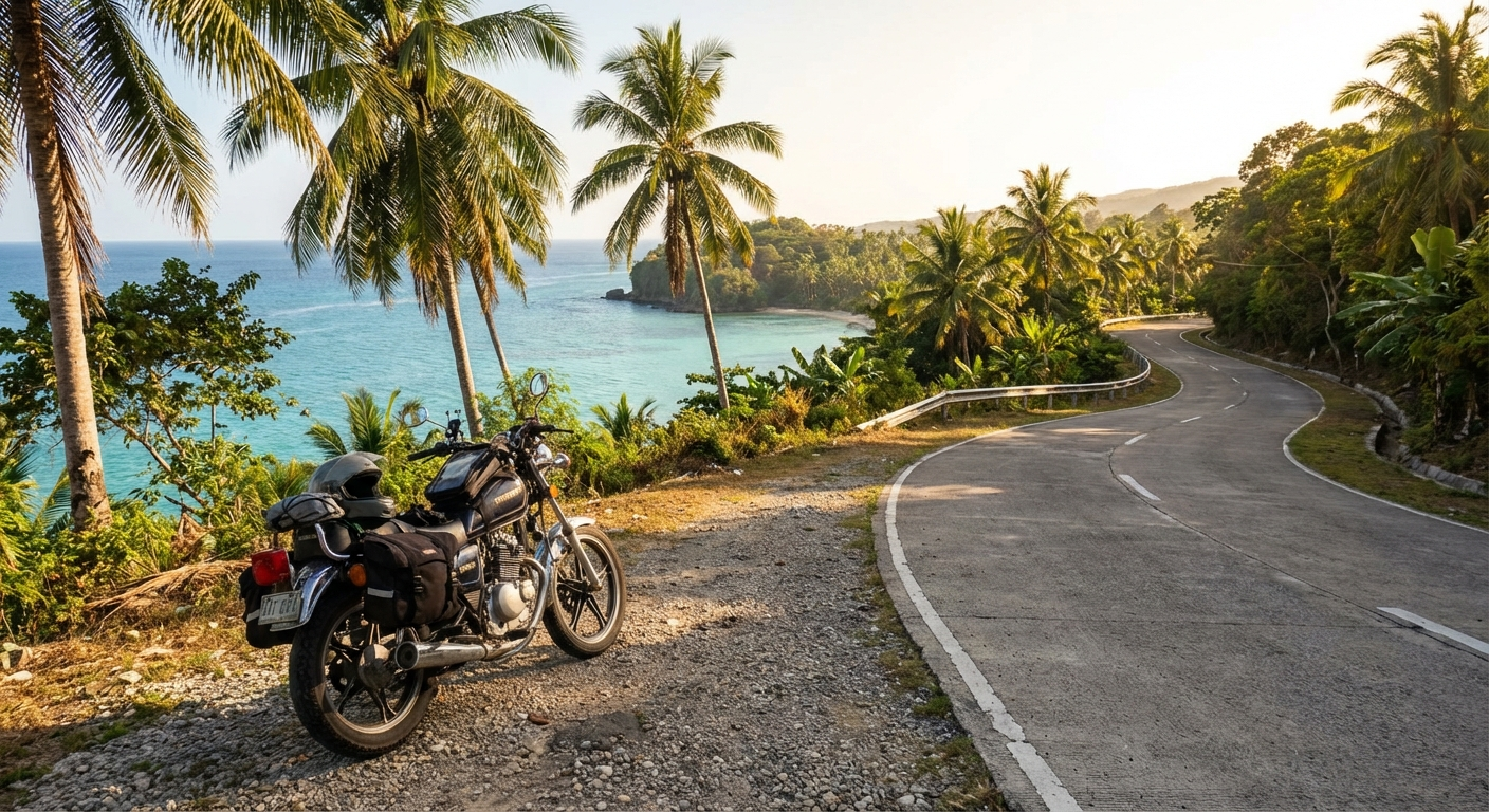 Motorcycle parked on a scenic coastal road in Siquijor Island with ocean views