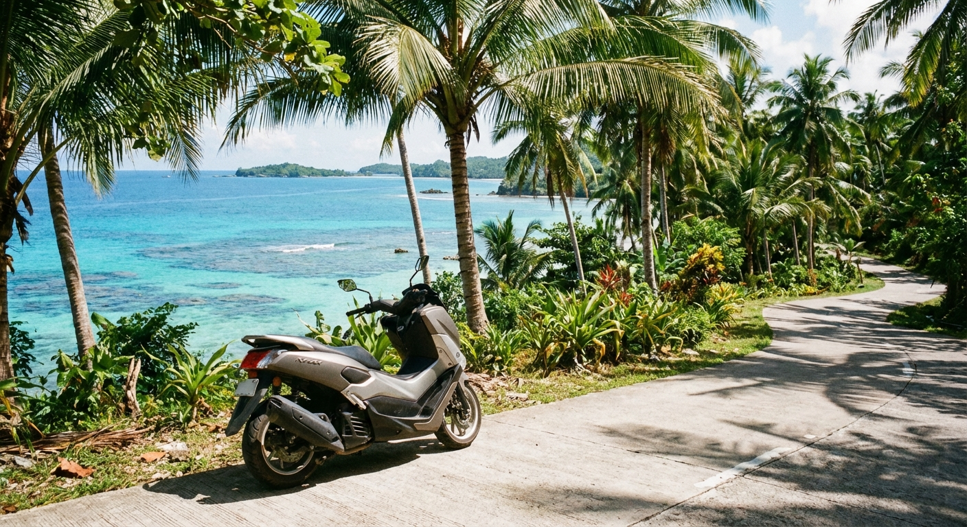 A parked motorcycle on a scenic coastal road in Siquijor with turquoise ocean and palm trees in the background