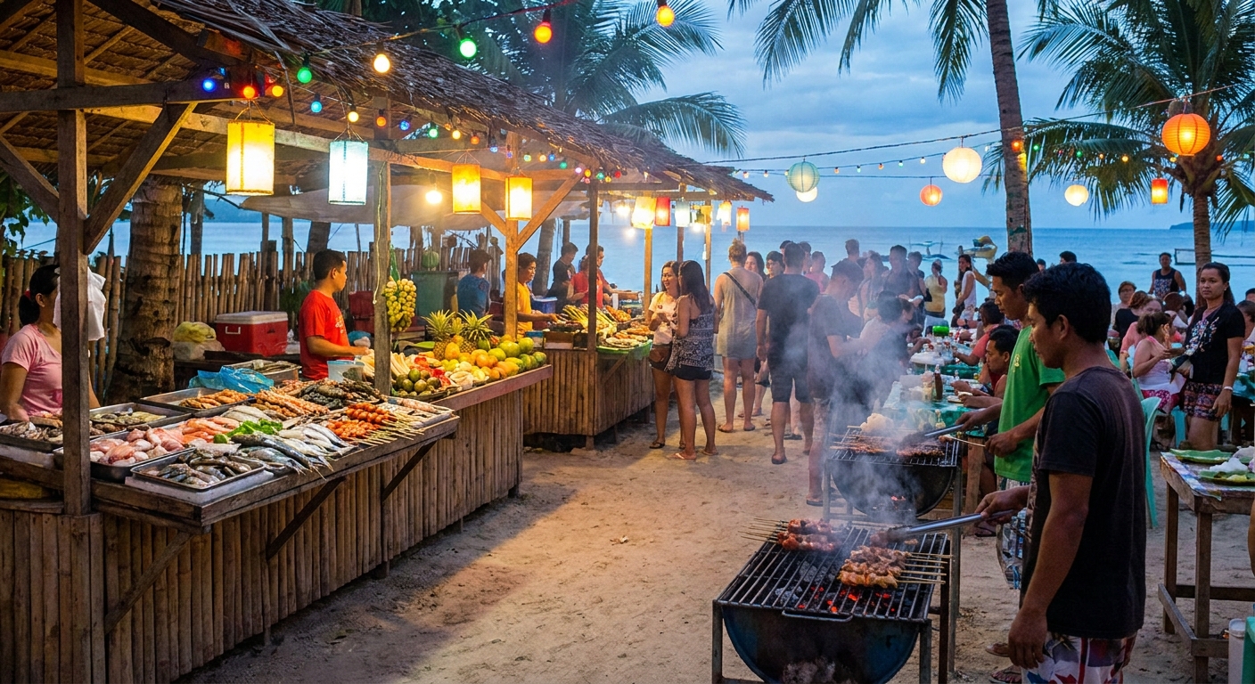 Vibrant night market scene in Siquijor Island Philippines with colorful food stalls and warm lantern lighting