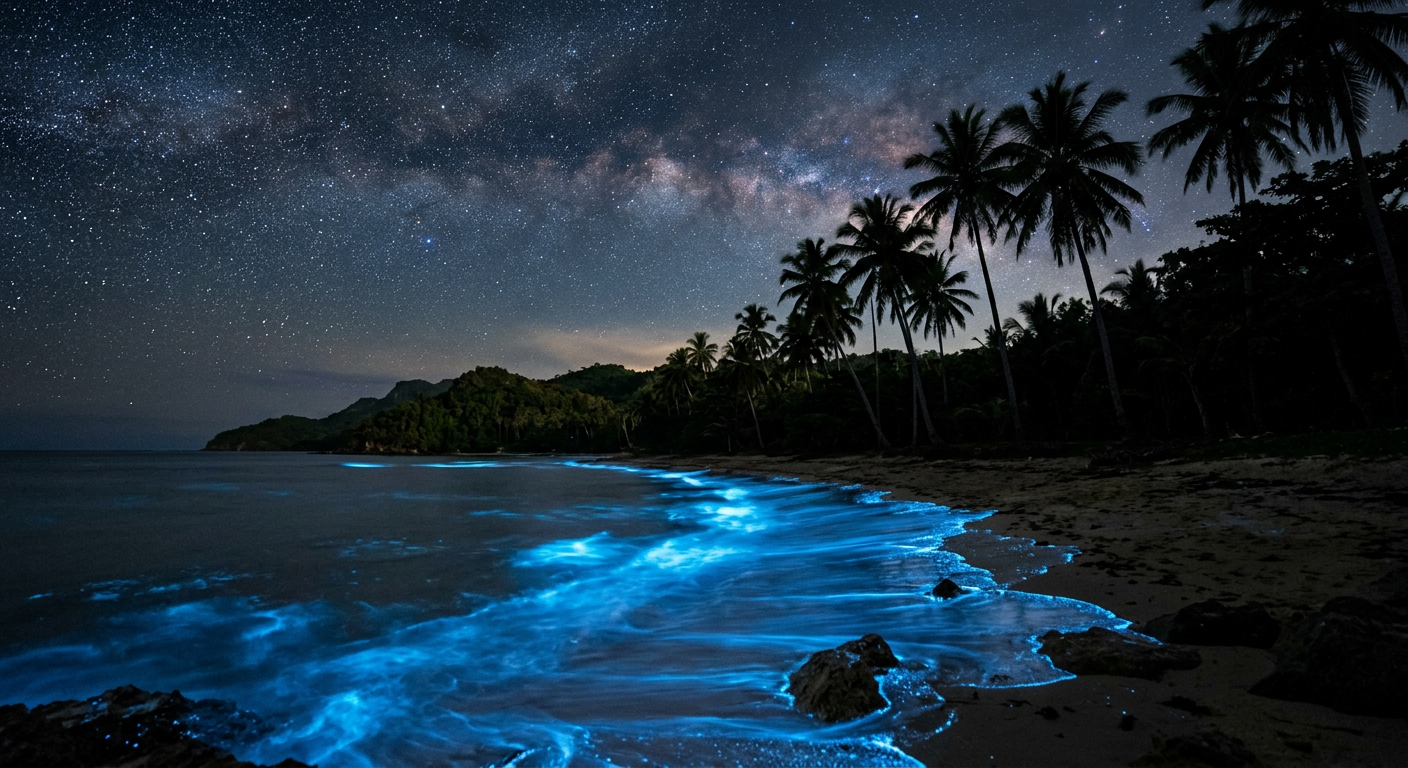 Dark tropical beach in Siquijor at night with faint bioluminescent glow in shallow waters under a star-filled sky