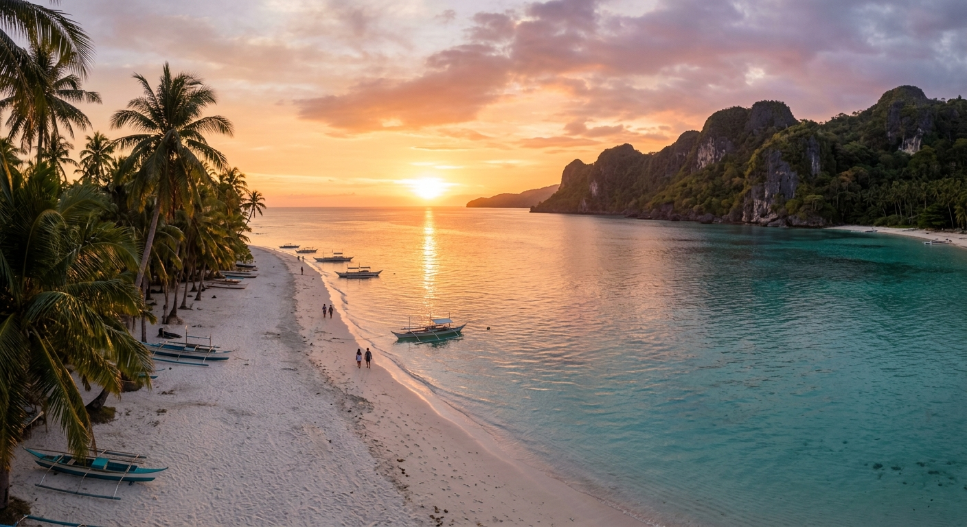 Sunset over Paliton Beach on Siquijor's quiet northern coast with turquoise water and white sand