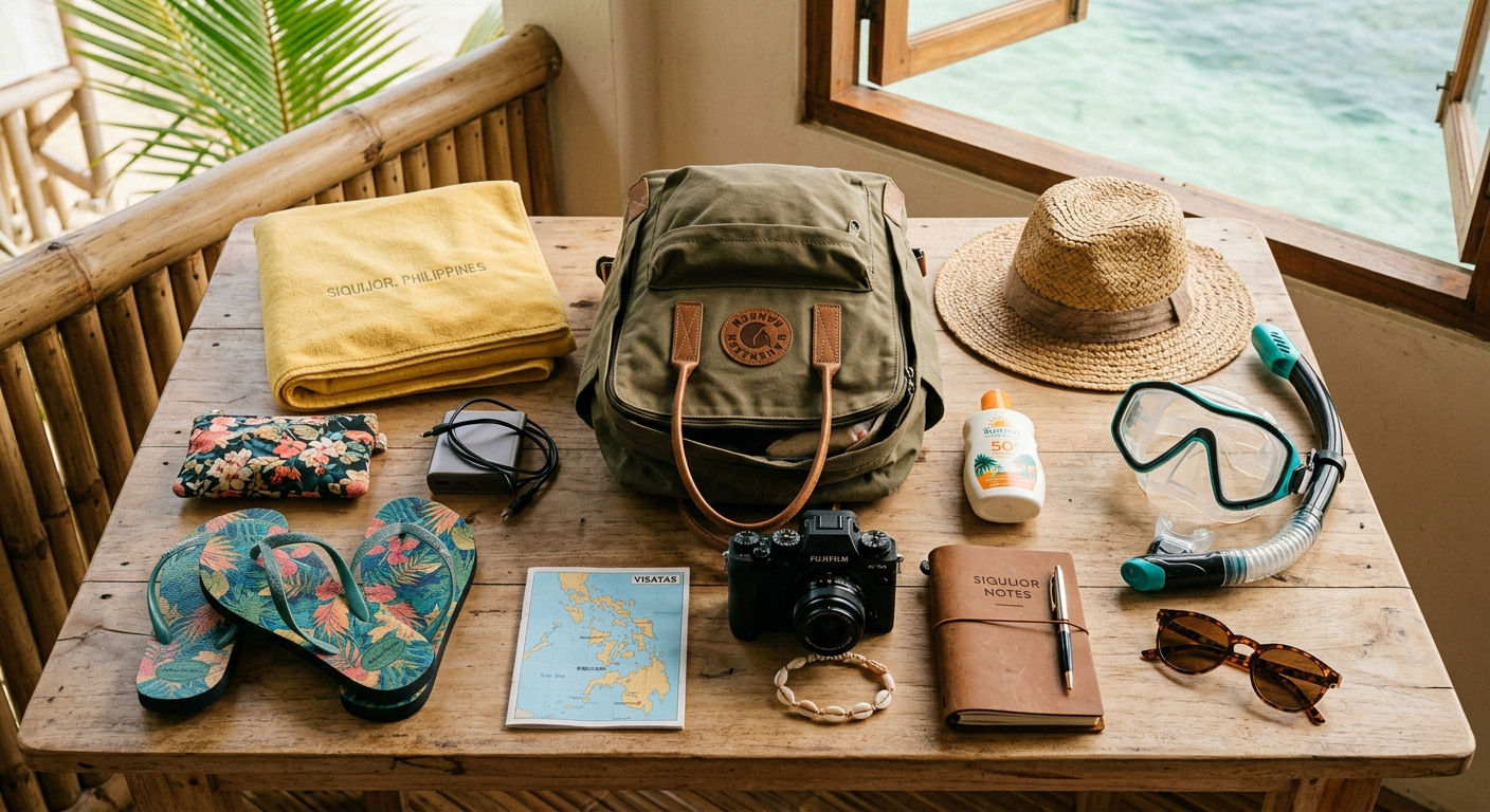 Travel backpack with beach gear laid out on a wooden surface, ready for a tropical island trip to Siquijor