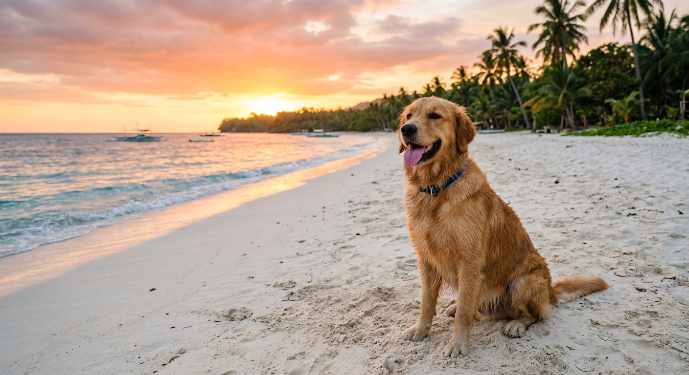 Dog sitting on a tropical beach in Siquijor Island at sunset