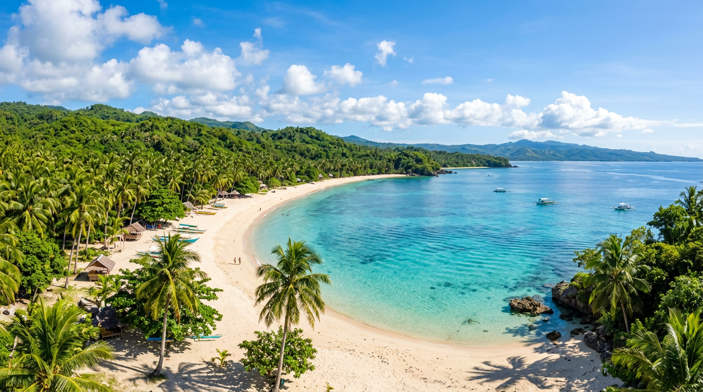 Tropical coastline of Siquijor Island with clear blue water and lush vegetation