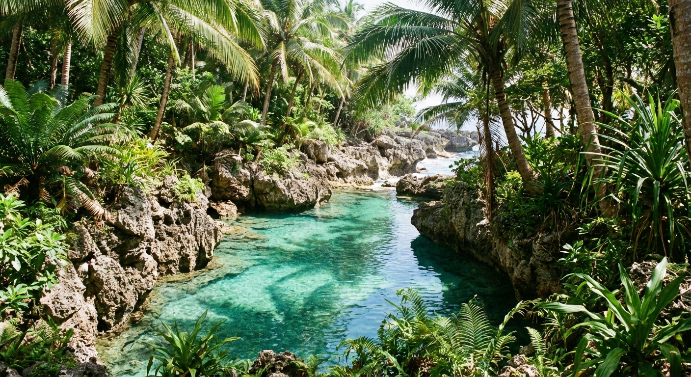 A hidden natural rock pool surrounded by lush tropical vegetation on Siquijor Island, Philippines