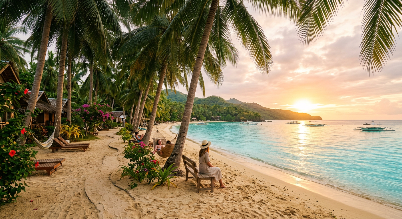 Peaceful Siquijor beach scene with calm waters and shaded areas perfect for relaxed island exploration