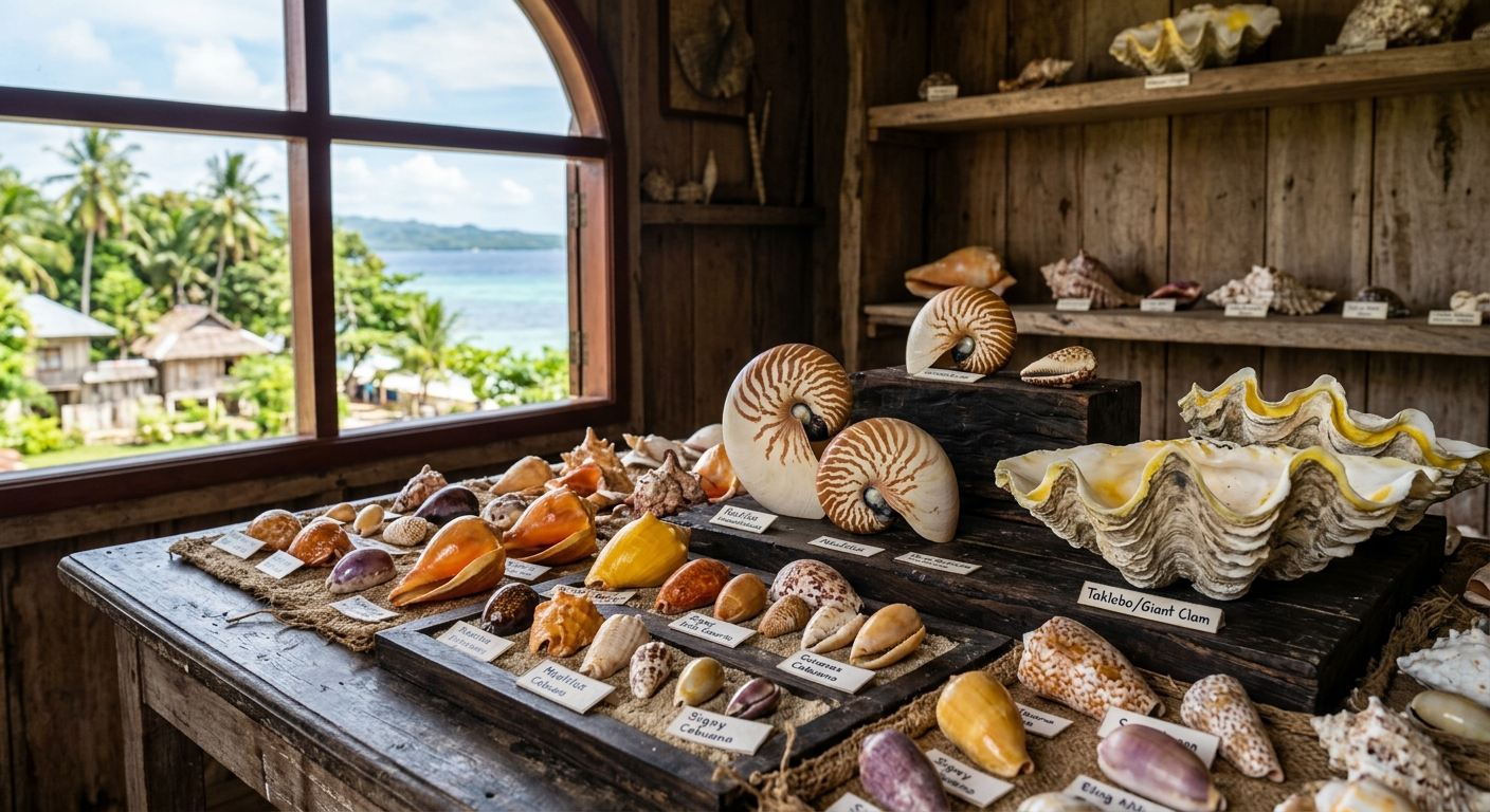 Colorful collection of tropical seashells displayed at a museum on Siquijor Island Philippines, including nautilus spiral shells and giant clams