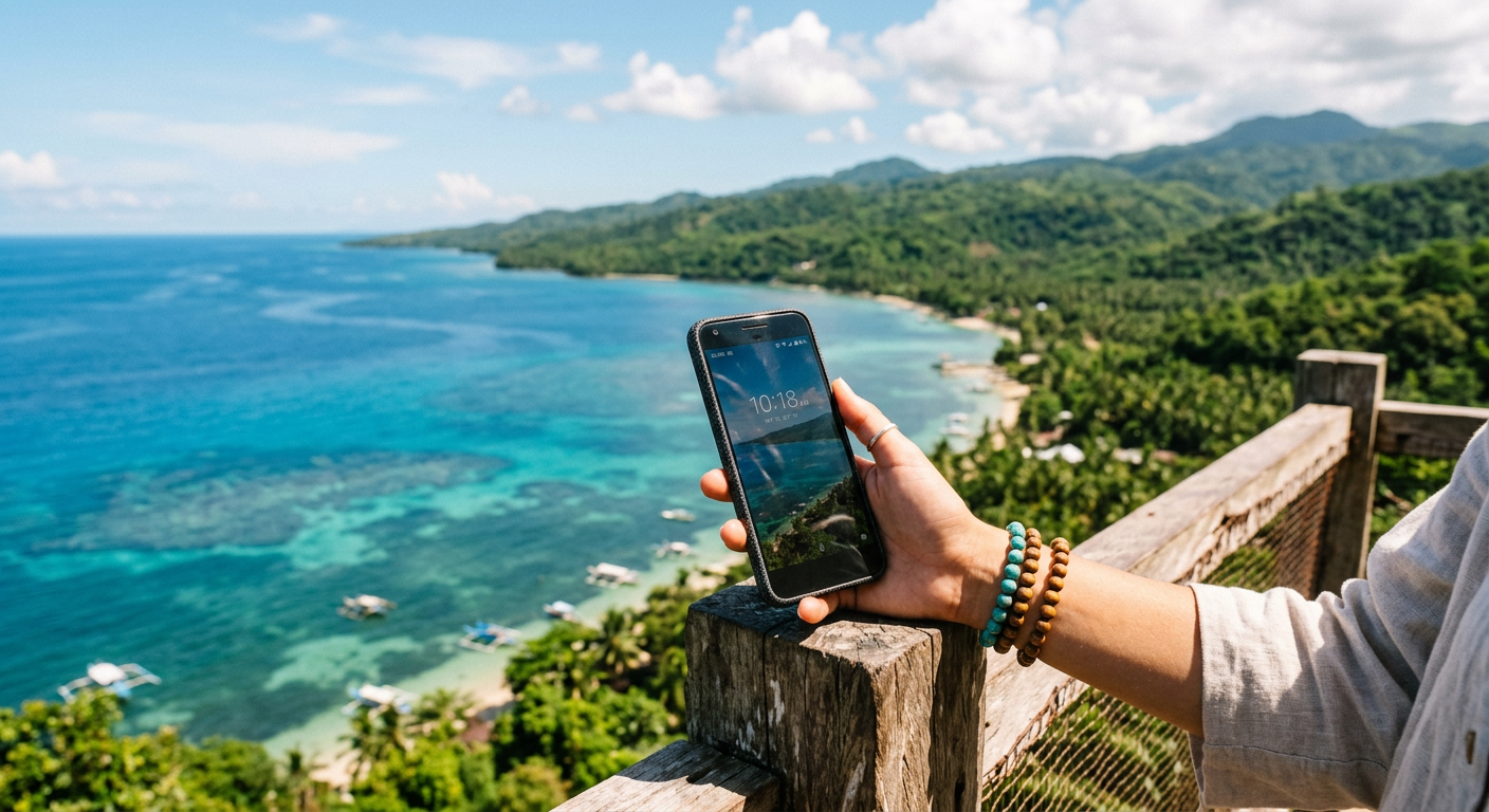 Traveler checking phone signal on a scenic viewpoint overlooking the ocean in Siquijor Island Philippines