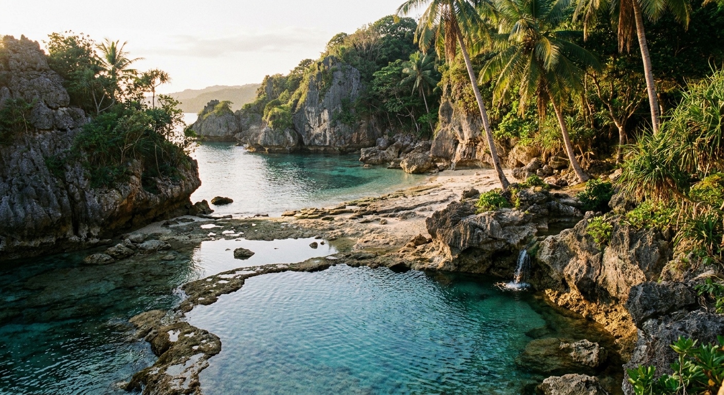 Secluded rocky cove with crystal clear water surrounded by limestone cliffs in Siquijor