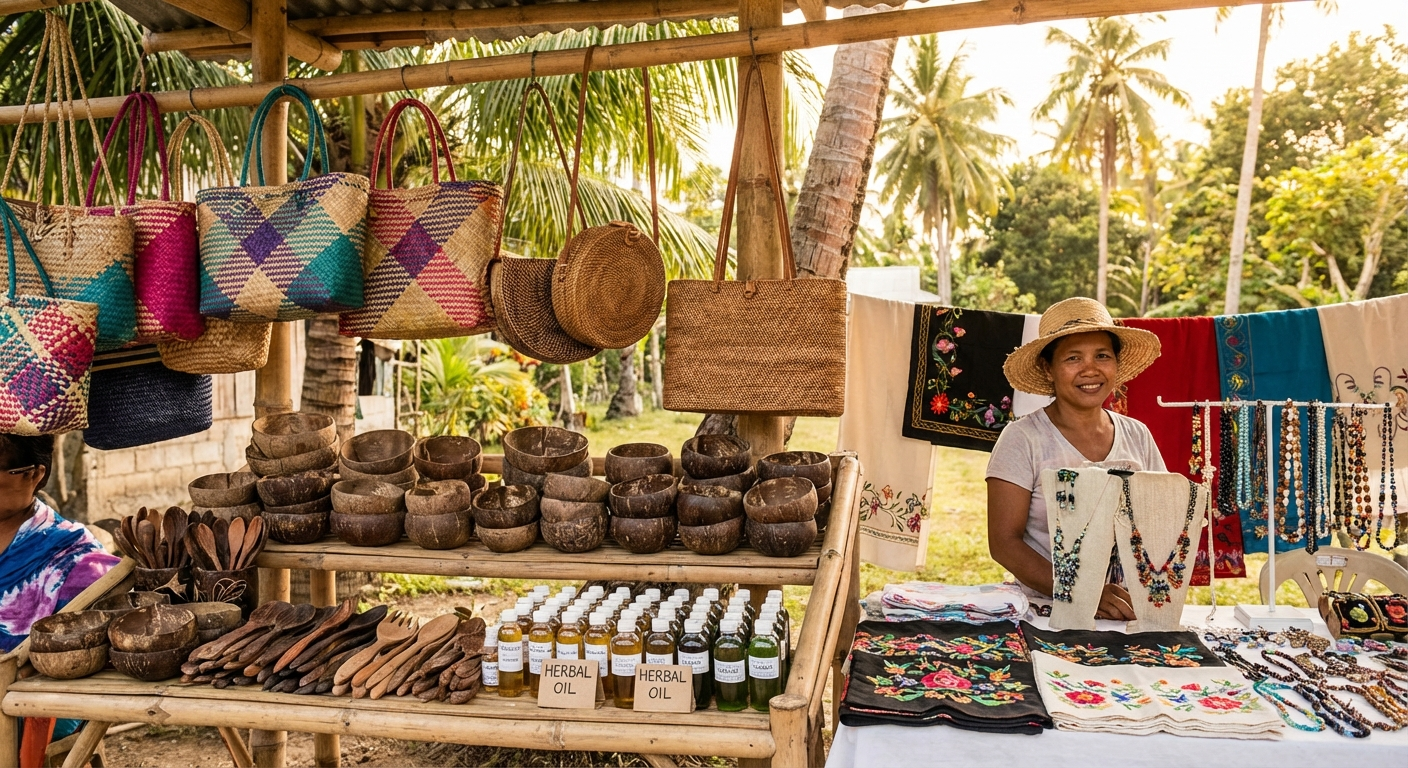 Colorful handmade souvenirs and local products displayed at a Siquijor market stall