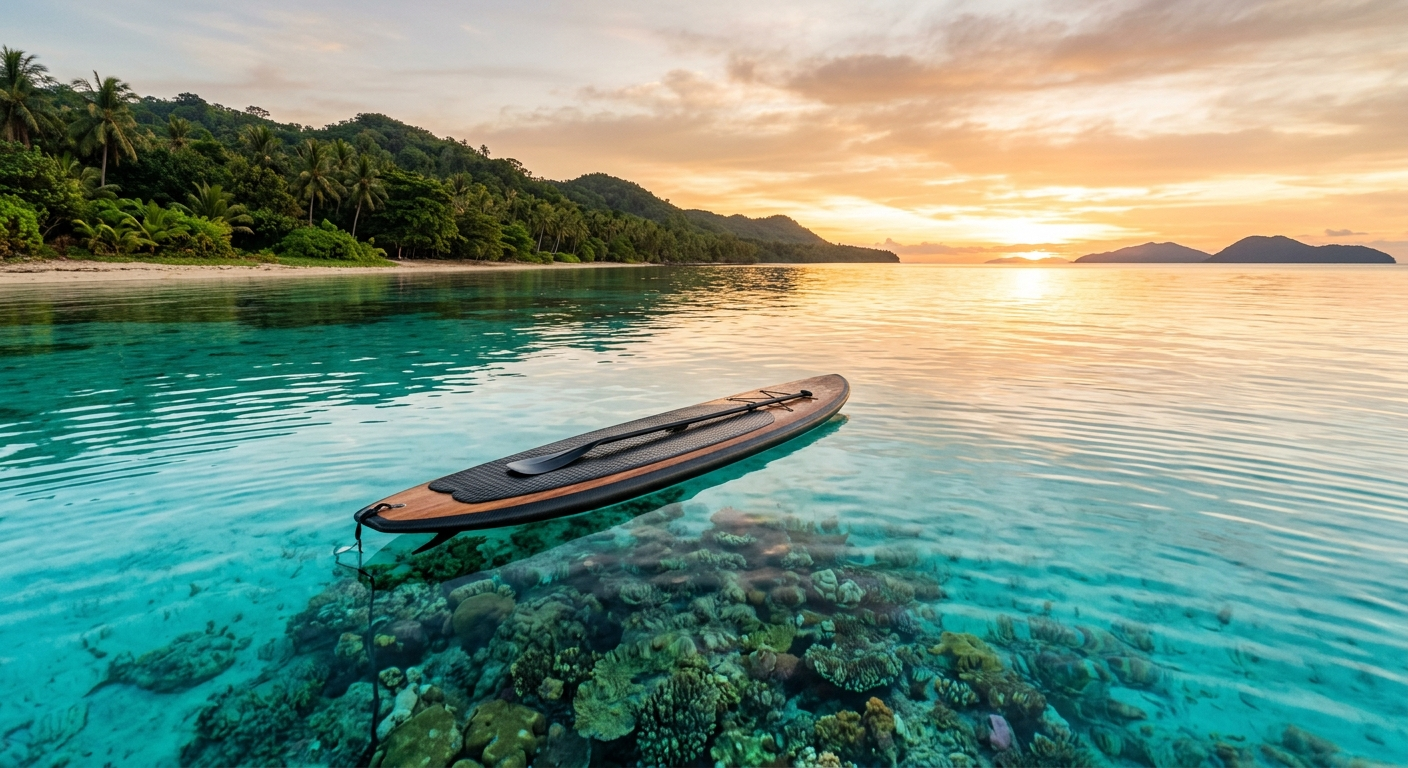 Stand-up paddleboard on calm turquoise waters off a Siquijor beach with tropical vegetation along the coastline