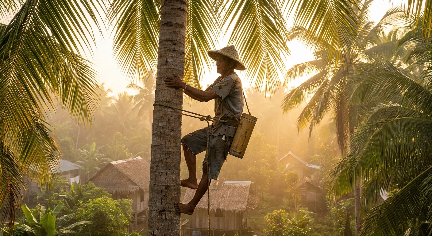 Traditional coconut wine tuba collection from a coconut palm in Siquijor