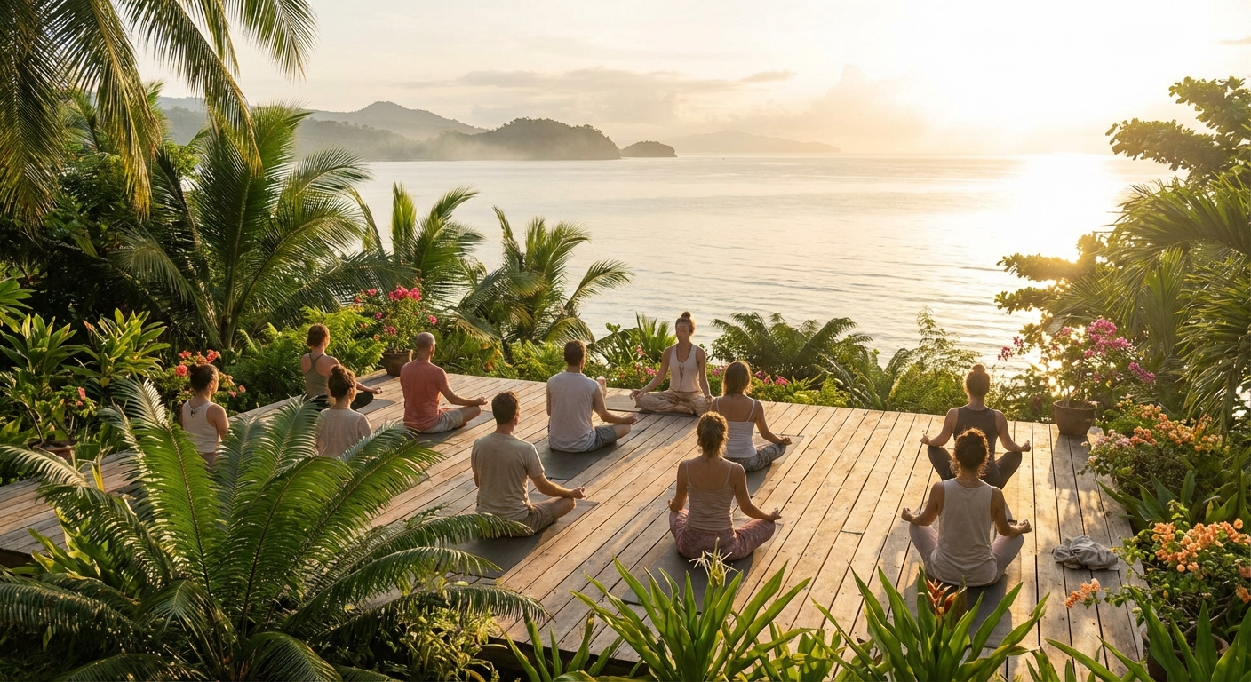Peaceful outdoor yoga deck overlooking the ocean at a Siquijor Island wellness retreat during golden hour