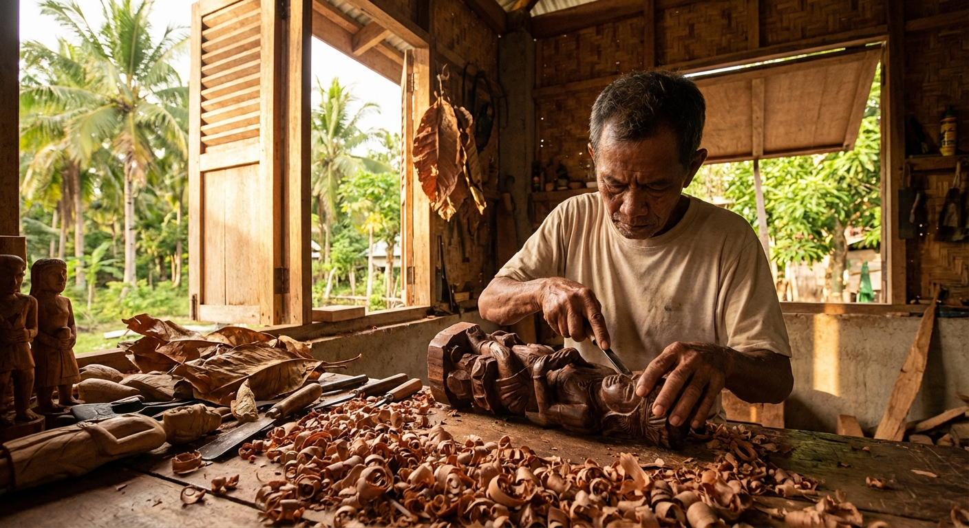 Filipino artisan woodcarver in Siquijor workshop hand-carving traditional wooden sculpture