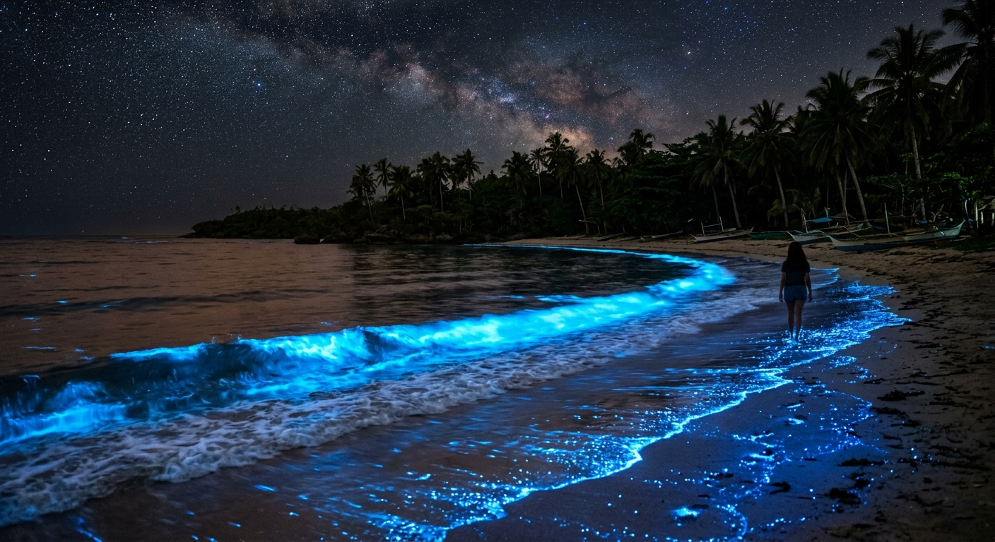 Glowing bioluminescent waters in Siquijor at night with electric blue light