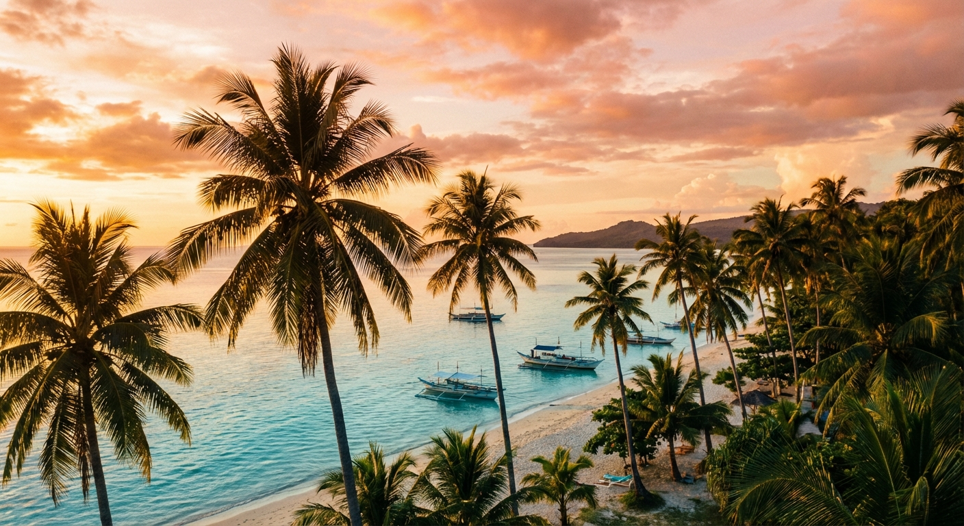 Golden sunset over Siquijor coastline with palm trees during dry season
