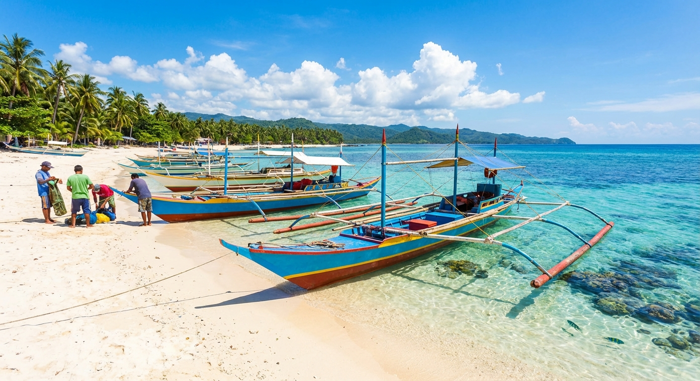Traditional Filipino outrigger boats ready for island hopping adventures from Siquijor